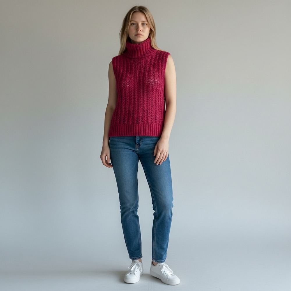 Anthropologie Moth Knitted Sweater Tank XS Hot Pink Sleeveless Mock Neck